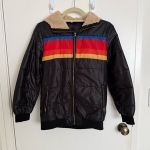 Women’s Black Puffer Jacket with Color Stripe and Sherpa Lining
